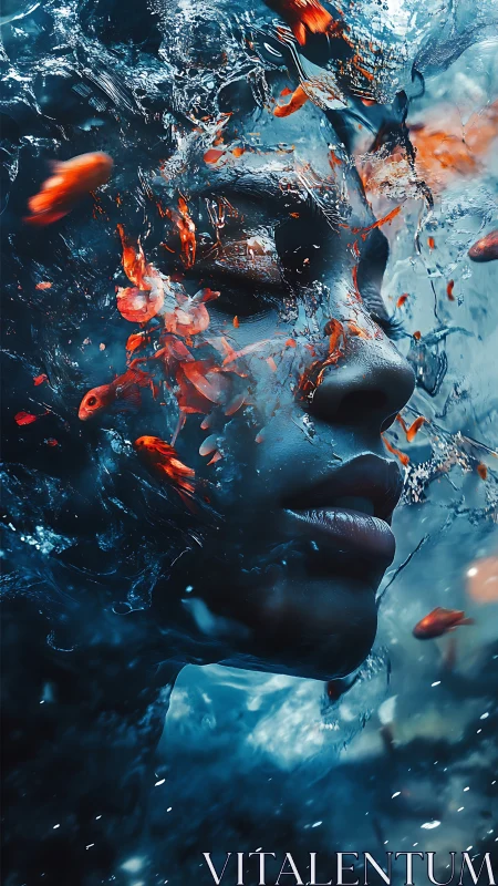 Dreaming tide folds a luminous face into swirling koi