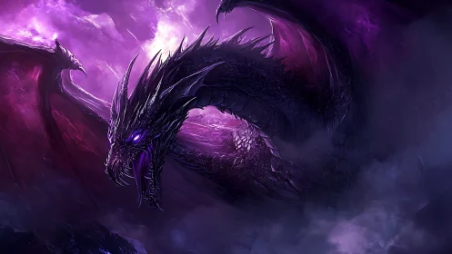 Obsidian dragon arcs through luminous violet storm clouds.