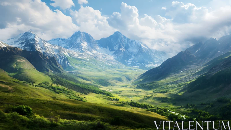 Digital painting of alpine valley with luminous glacial massif.