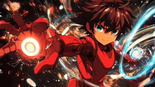 Armored anime hero projects dual energy blasts in dynamic perspective
