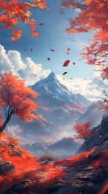 Autumn alpine valley under towering snowcapped summit.