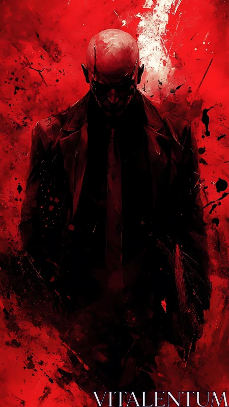 Silent figure in crimson storm, wrapped in shadowed calm.