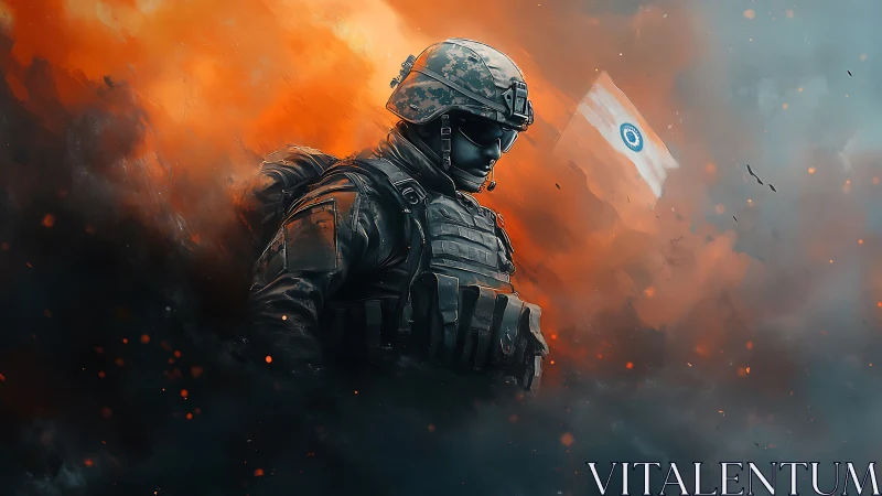 Heavily armored digital soldier rendered in volumetric smoke and fire