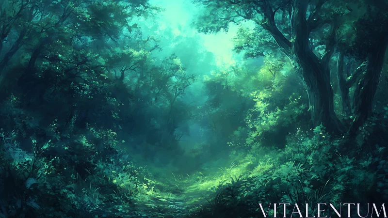 Enchanted forest clearing with luminous atmosphere and ancient trees