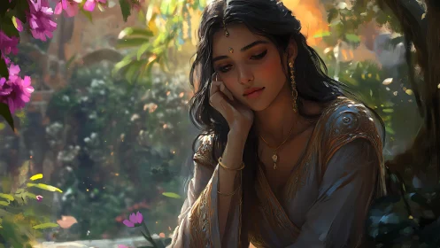 Dreaming woman in jeweled gown within sunlit garden.