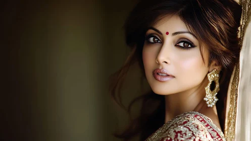 Elegant Indian bride gazes softly in warm side light.