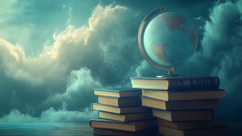 Cloudlit globe and book towers mapping dreamlike knowledge.