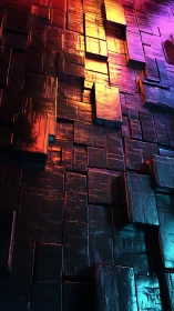 Geometric 3D metallic wall with neon orange and cyan light.