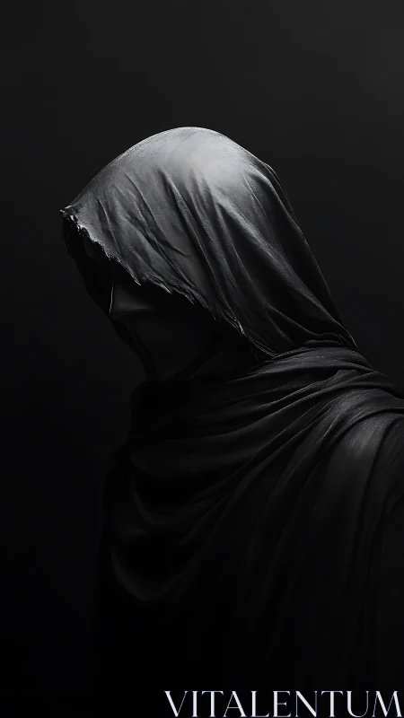 Hooded shadowed figure emerges from deep black silence.