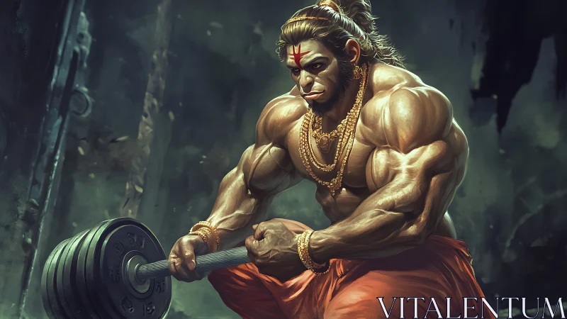 Mythic monkey warrior curls iron in storm-lit ruins.