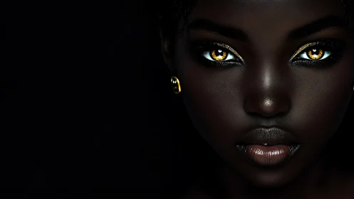 Golden eyes in the dark, a quiet portrait of luminous power.