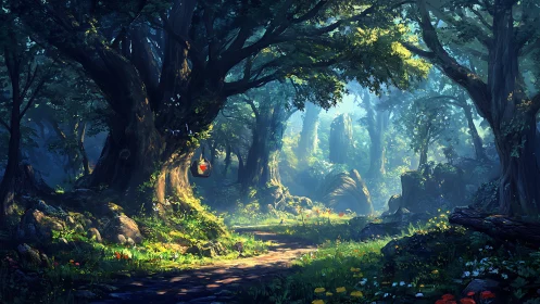 Forest clearing with tall trees and path through dense woodland structure.