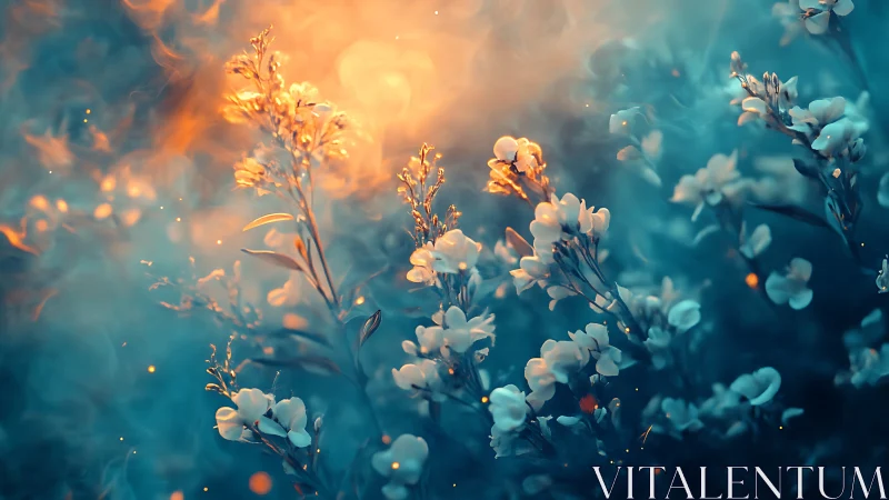 Warm-Cool Gradient Floral Bokeh: Illuminated White Blossoms Against Teal Haze