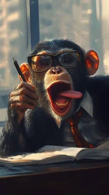 Chimpanzee in office attire holding pen at open notebook.