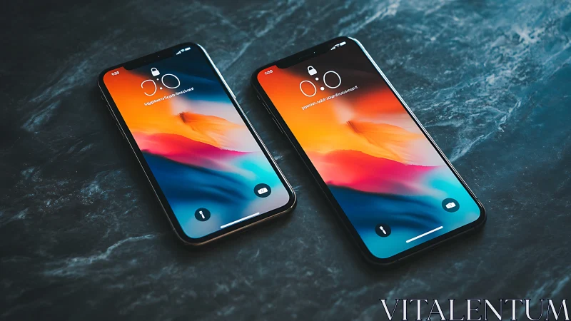 Two smartphones displaying gradient wallpapers on textured dark surface.