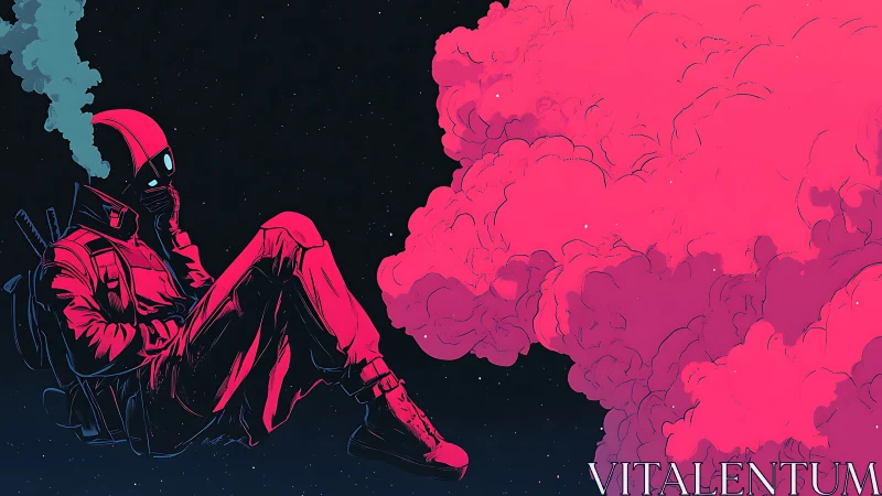 Solitary space wanderer drifts beside a neon cosmic cloud