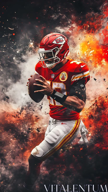 Quarterback in red uniform prepares to throw against fiery backdrop