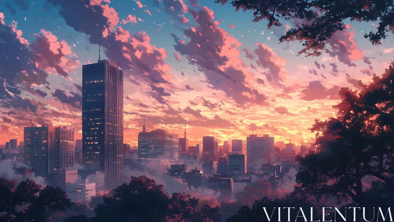 Sunset city skyline framed by foliage and drifting clouds.