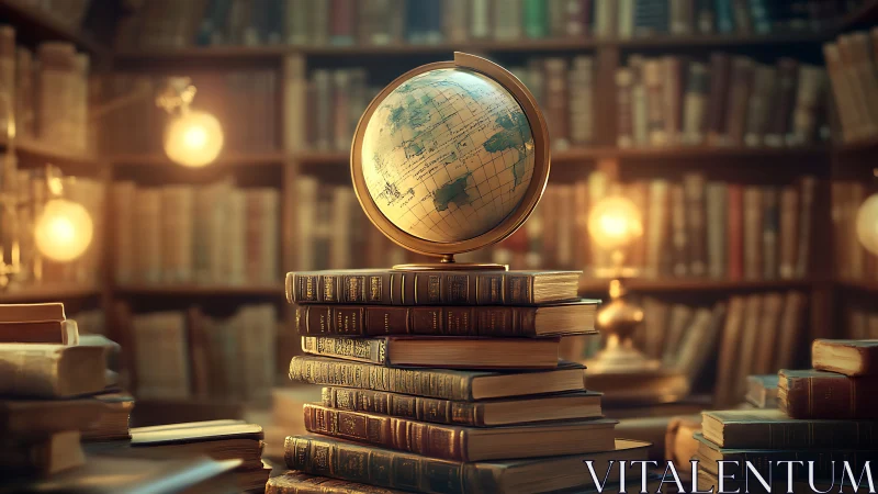 Glowing library globe crowns a tower of timeworn books.