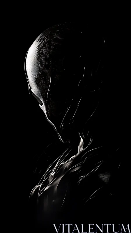 Shrouded metallic figure in stark monochrome void.