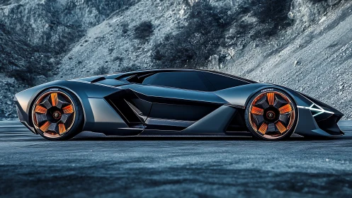 Futuristic concept supercar glides along a rocky mountain road.