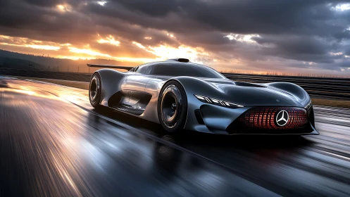 Futuristic Mercedes concept car accelerates on wet racetrack