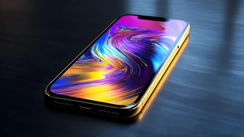 Modern smartphone with vibrant abstract display, digital art style.
