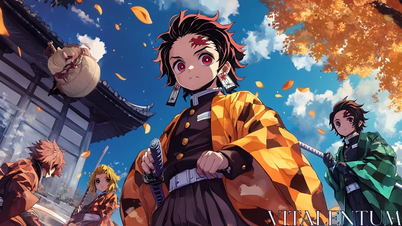 Group of sword-wielding anime youths in autumn courtyard.