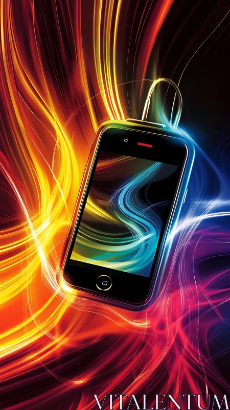Neon soundwaves swirl around a glowing digital smartphone portal.
