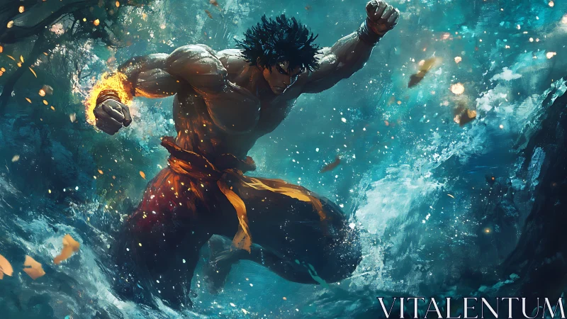 Muscular warrior punches through turbulent water storm.