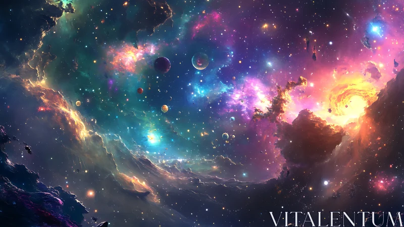 Multispectral nebular panorama with clustered exoplanetary bodies.