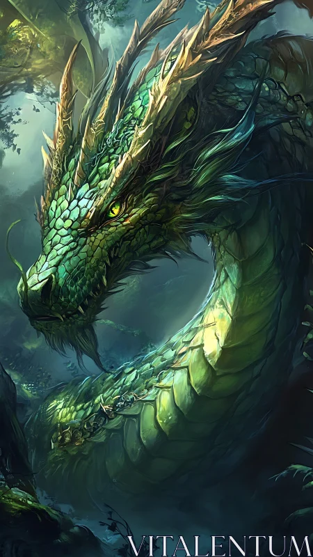 Verdant forest wyrm curling through mosslit twilight hush.