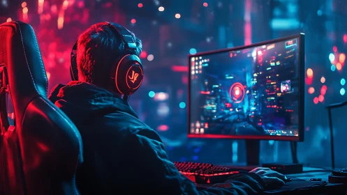 Neon city gamer lost in a glowing late night adventure.