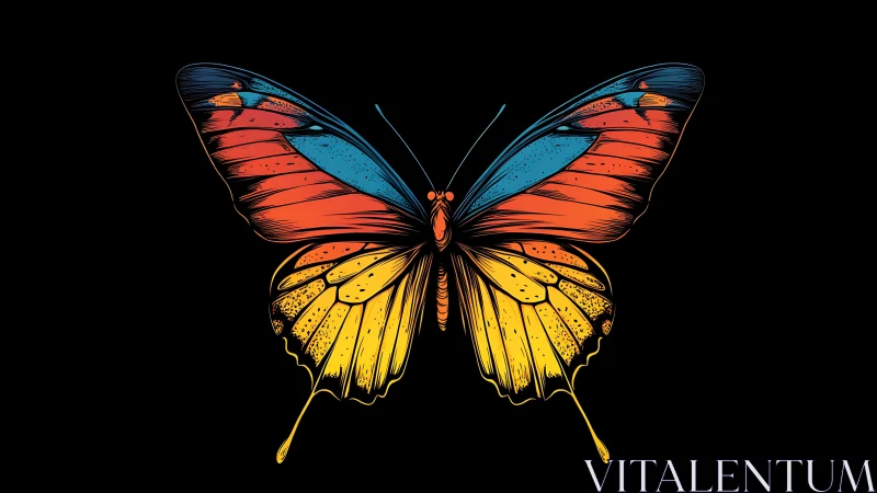 Vibrant tricolor butterfly spreads luminous patterned wings.
