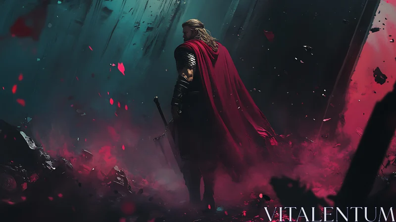 Armored warrior in red cloak walks through burning ruins