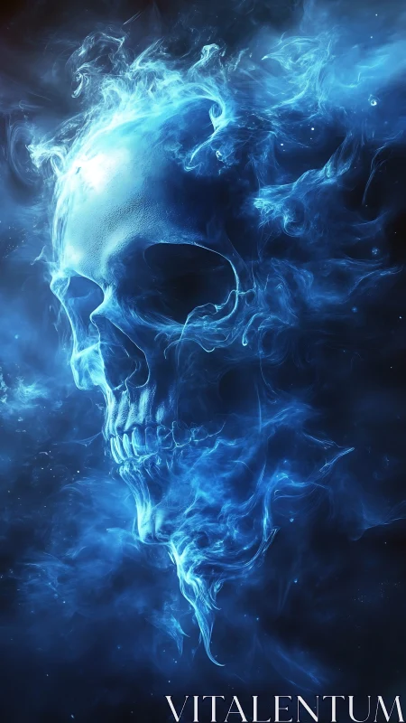 Ghostly blue skull of swirling fire haunts the cosmic dark