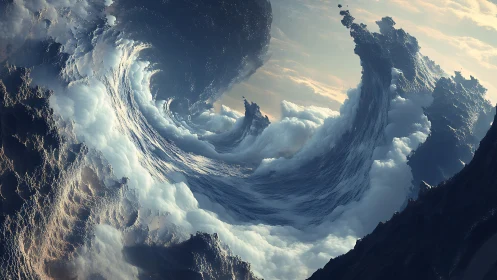 Surreal storm wave landscape with sculpted cloud formations.