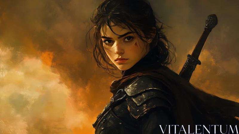 Stormlit young swordswoman stares down an unseen destiny.
