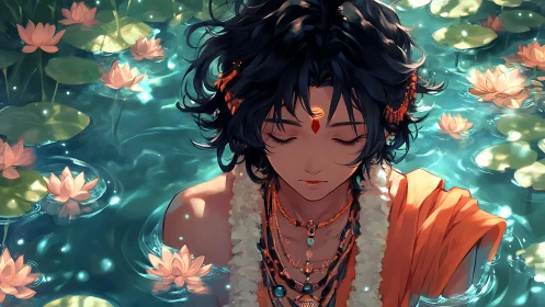Serene lotus pool portrait of adorned meditative youth.