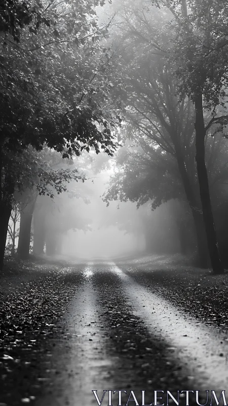 Foggy tree-lined road with wet surface in grayscale view.
