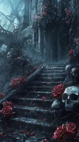Gothic stone staircase with skulls and red roses at night.
