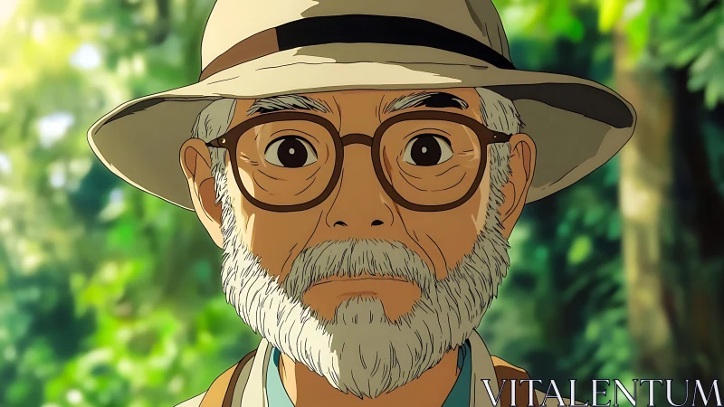 Anime portrait of elderly explorer in sunlit forest setting.