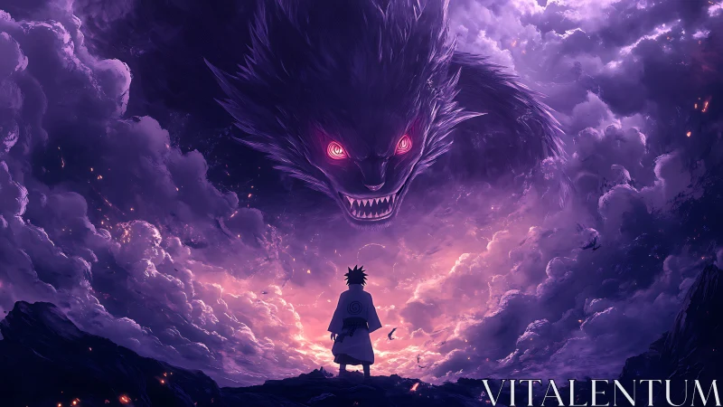 Epic anime confrontation amid storm-forged celestial beast clouds.