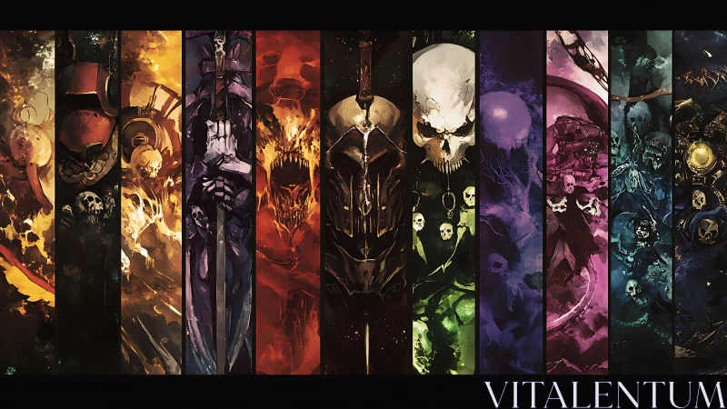 Vertical spectral panels depict armored skull icons in saturated hues