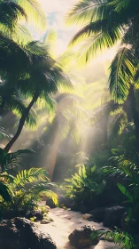 Sunlit jungle trail glows through lush tropical canopy.