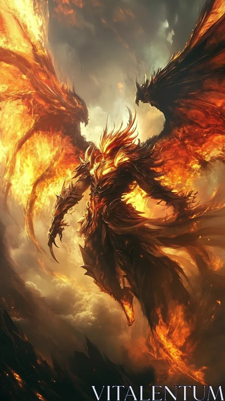Winged fiery humanoid figure amid clouds and flames.
