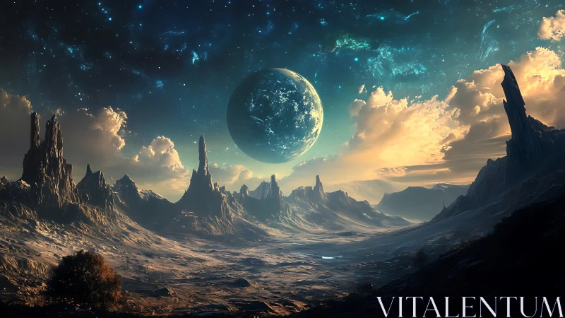 Starlit alien valley unfolds beneath a luminous distant world