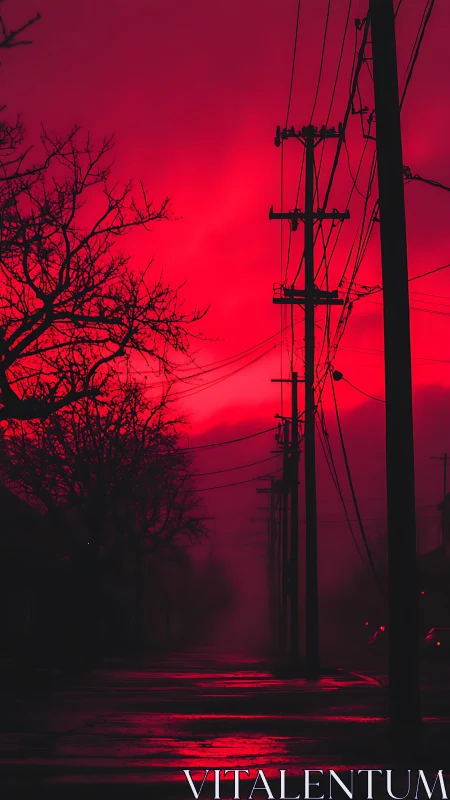Utility poles and wet street recede under saturated red sky