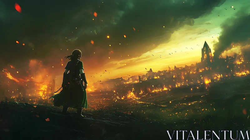 Solitary Warrior Gazes Upon Burning City Ruins