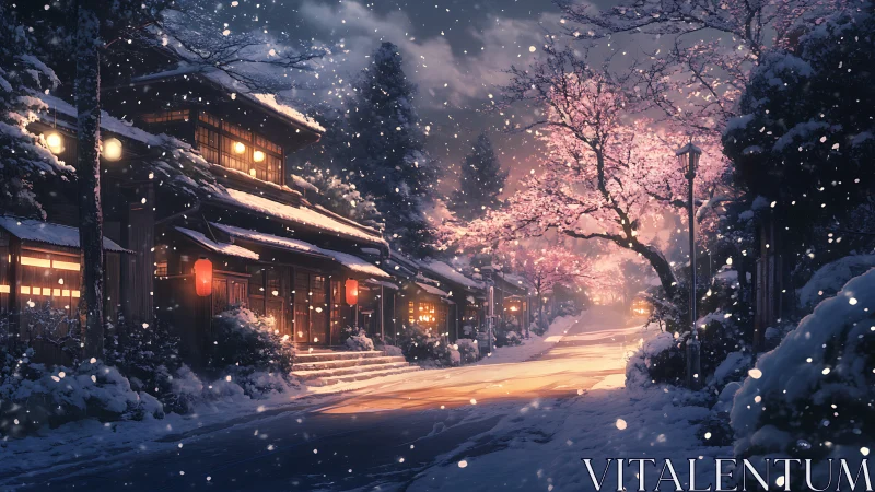 Snowy lantern-lit street welcomes a quiet winter evening walk